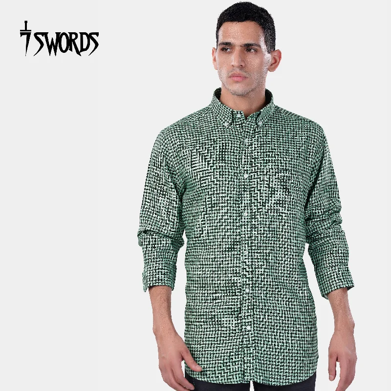 7swords-Cascade Green and Baltic Sea Blue Gingham Checkered Premium Cotton Button Down Shirt Modern Men's 