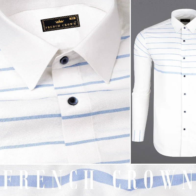 Bright White and Pale Cerulean Blue Horizontal Striped Royal Oxford Shirt Vintage Men's 1970S Disco