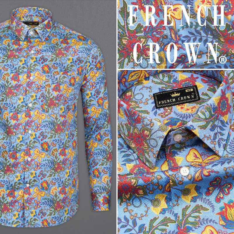 Neptune Blue with Saffron Multicolour Floral Printed Super Soft Premium Cotton Shirt Practical Men's Quick