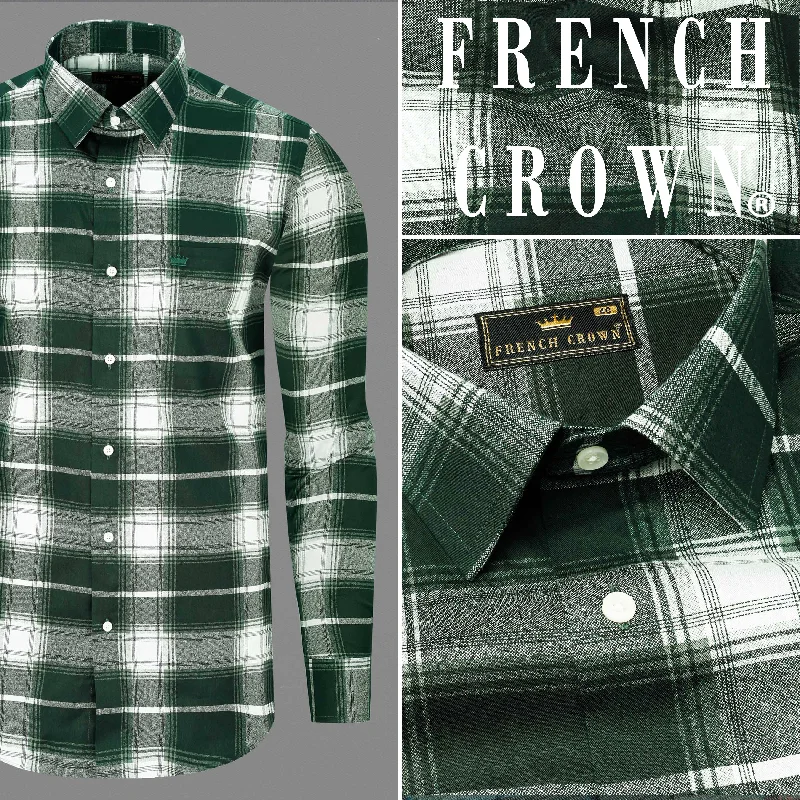 Timber Green with Bright White Twill Plaid Premium Cotton Shirt Monochromatic Office Style