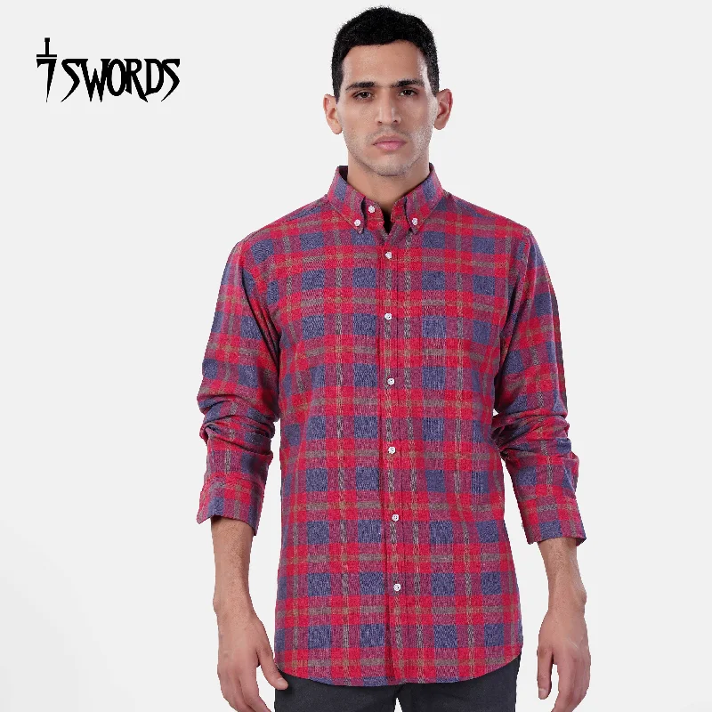 7swords-Falu Red and Pickled Blue Checkered Premium Cotton Button Down Shirt Laid