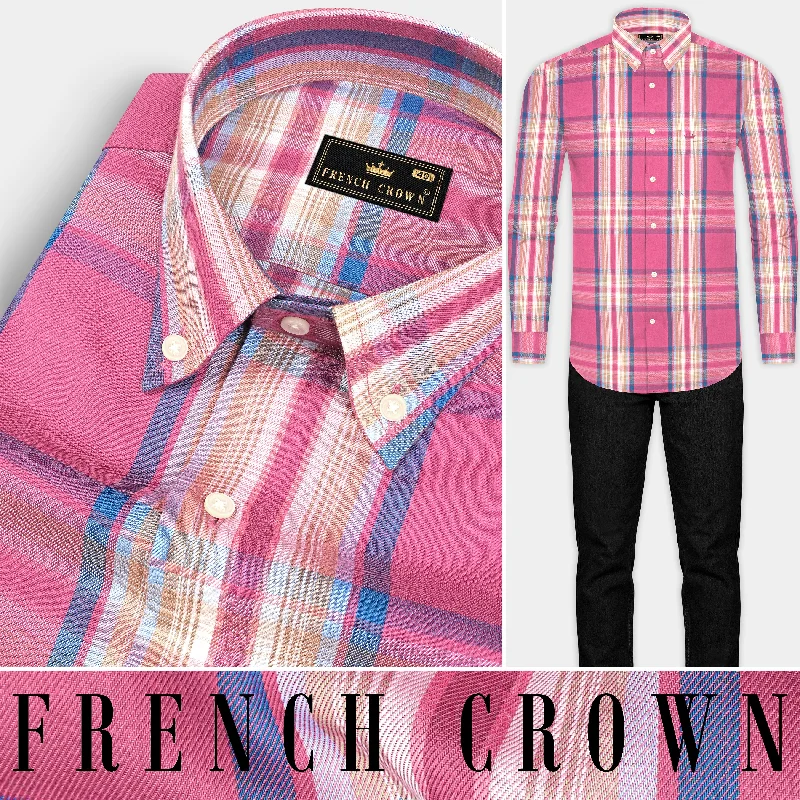 Tapestry Pink and Multicolored Twill Plaid Premium Cotton Shirt Elegant Men's Cashmere