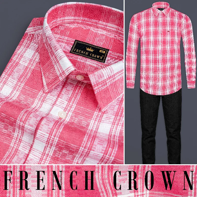 Mandy Pink and Bright White Checkered Twill Premium Cotton Shirt Refined Men's Hand