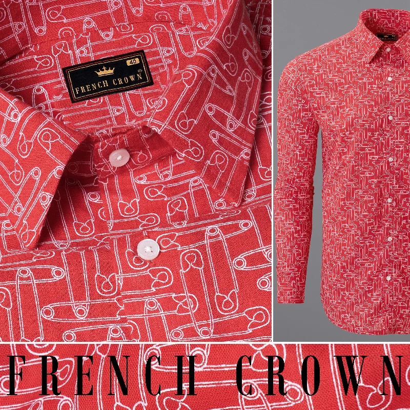 Cardinal Red Safety Pin Printed Luxurious Linen Shirt Refined Men's Hand