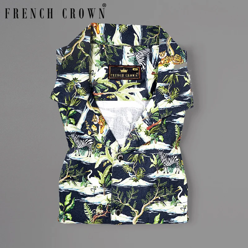 Navy Jungle Art Print Premium Cotton Shirt Athletic Men's High