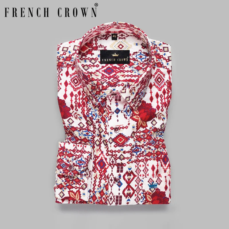 Red Flowers Ikat Print Premium Cotton Shirt Laid