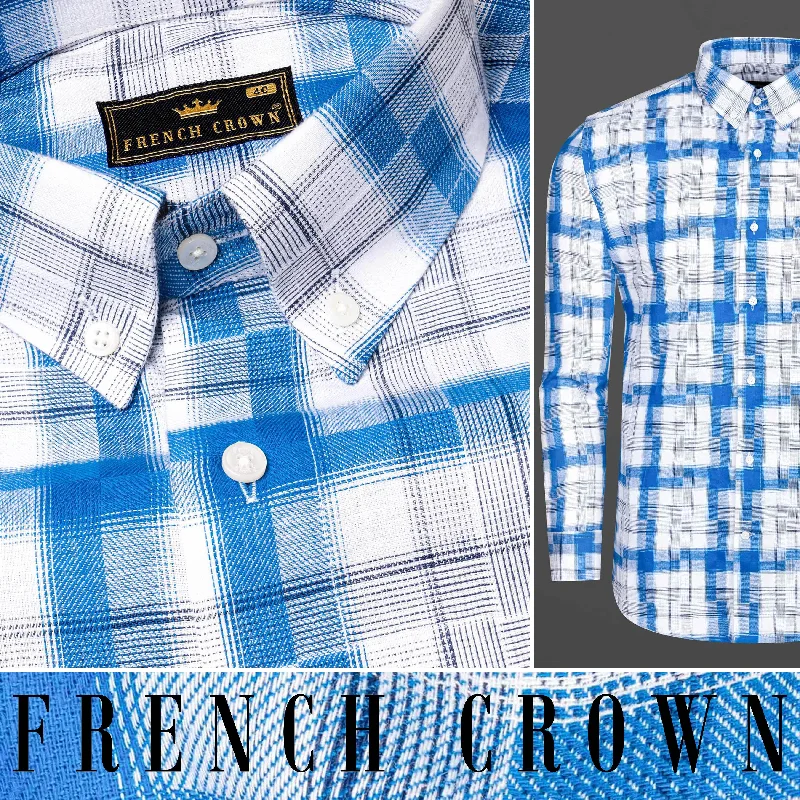 Bright White and Havelock Blue Plaid Twill Textured Premium Cotton Shirt Sharp Men's Italian