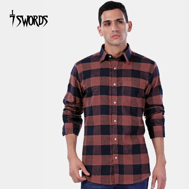 7swords-Cordovan Brown and Firefly Blue Checked Premium Cotton Shirt Relaxed Men's Beach