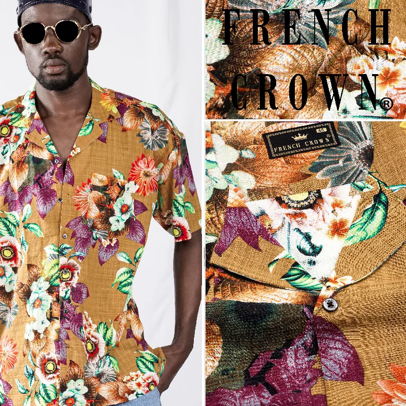 Tussock Brown Floral Printed Lightweight Premium Cotton Oversized Shirt Artistic Men's Avant