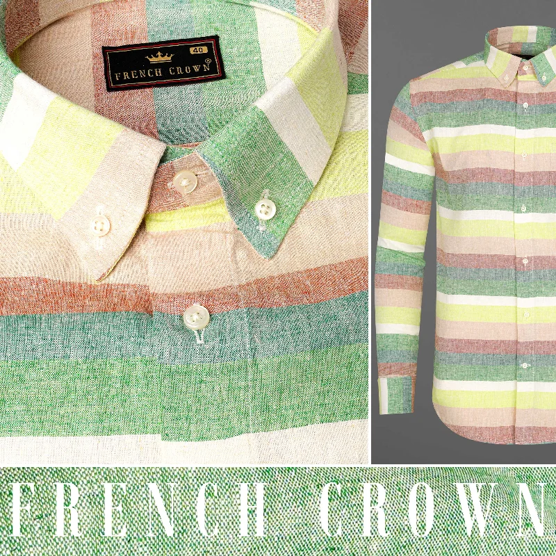 Mint Julep Light Yellow with Oriental Baby Pink Multicolour Striped Luxurious Linen Shirt Traditional Men's Wool