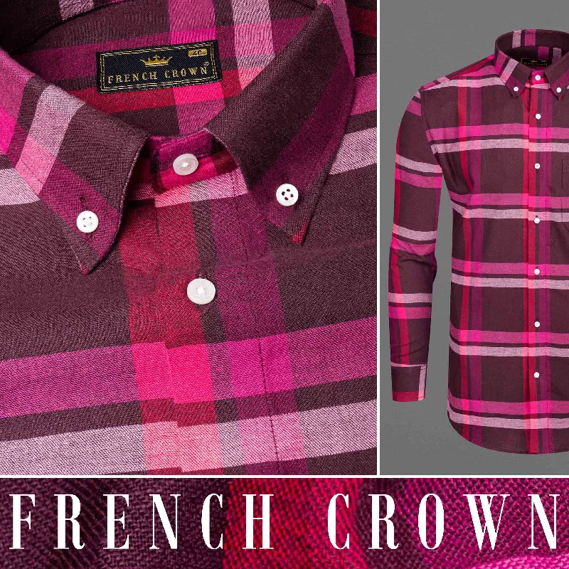 Wine Berry with Plum Velvet Plaid Flannel Shirt Confident Men's High