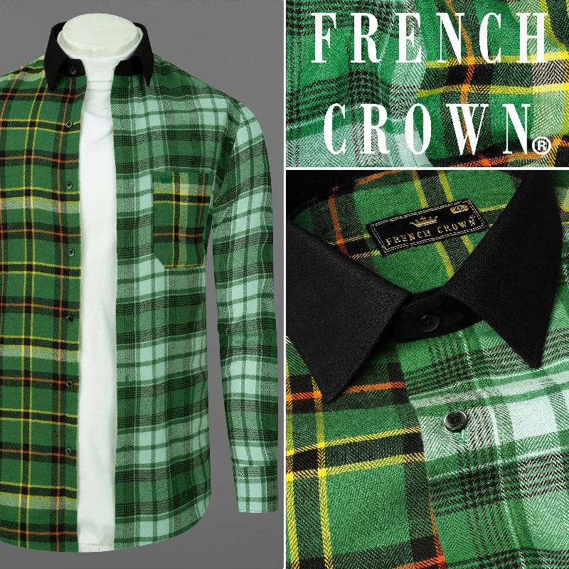 Eucalyptus Green Multicolor Plaid with Black Collar Designer Shirt Earthy Men's Sustainable 