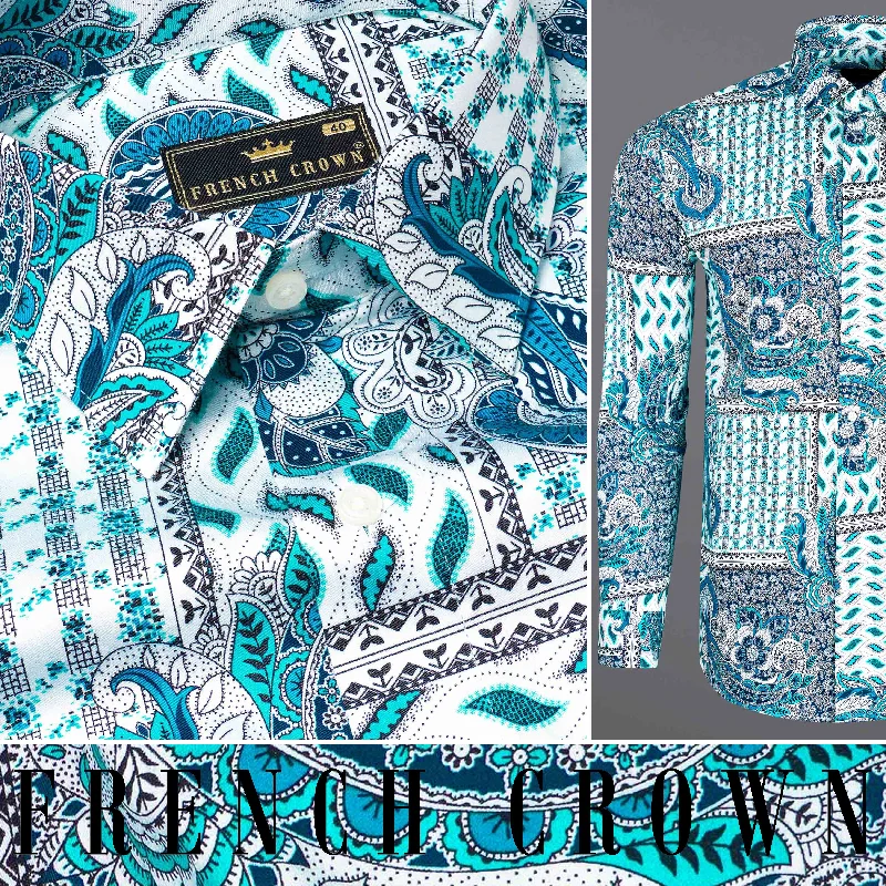 Cerulean Blue with Dark Turquoise Bohemian Paisley Printed Super Soft Premium Cotton Shirt Casual Men's Short