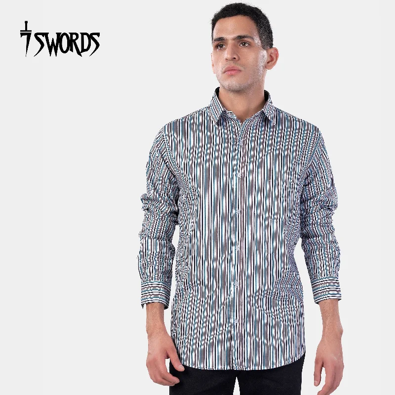 7swords-Opium Brown with White and Wedgewood Blue Multicolour Striped Premium Cotton Shirt Sleek Men's Contemporary 