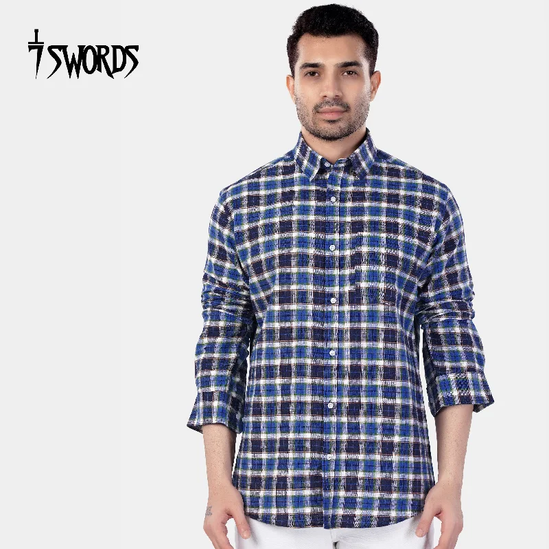 7swords-Haiti Blue with Azure Blue and White Plaid Premium Cotton Shirt Tough Men's Tactical