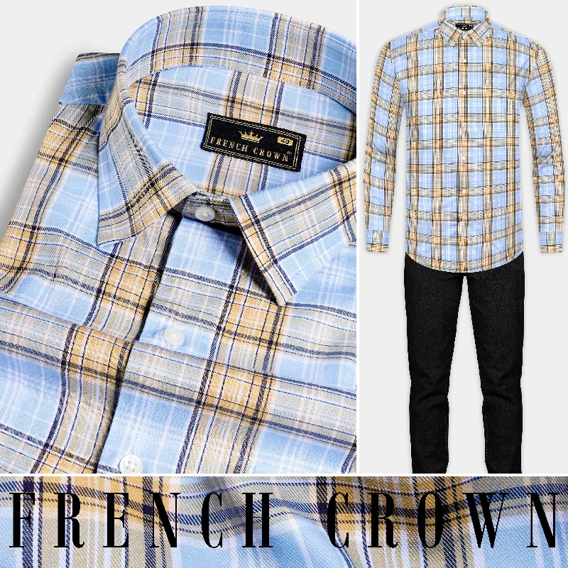 Perano Blue with Apache Brown Twill Plaid Premium Cotton Shirt Refined Men's European