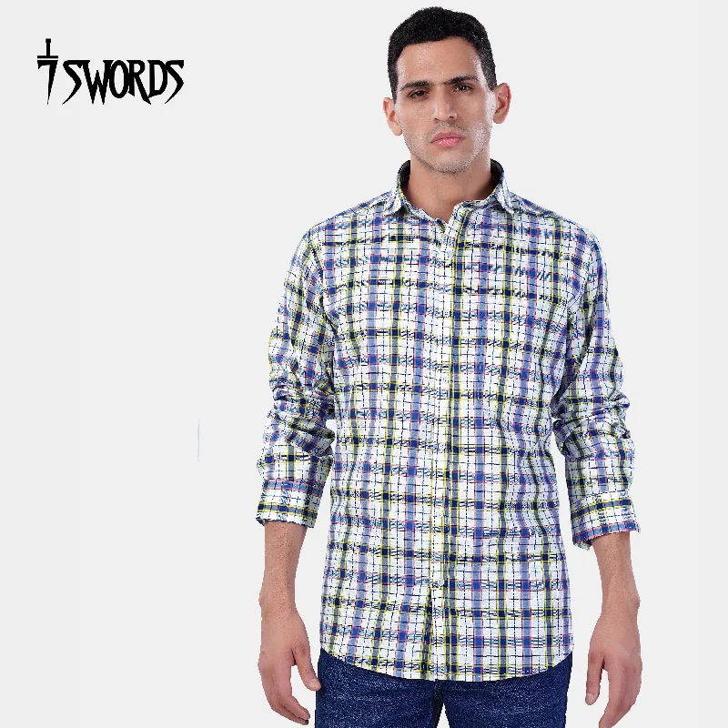 7swords-Bright White and Lapis Blue Multicolour Checkered Premium Cotton Shirt Stylish Men's Tropical 