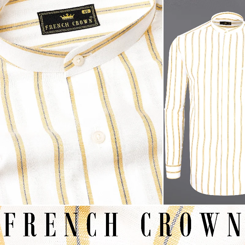 Off White Striped Luxurious Linen Mandarin Collar Shirt Gym