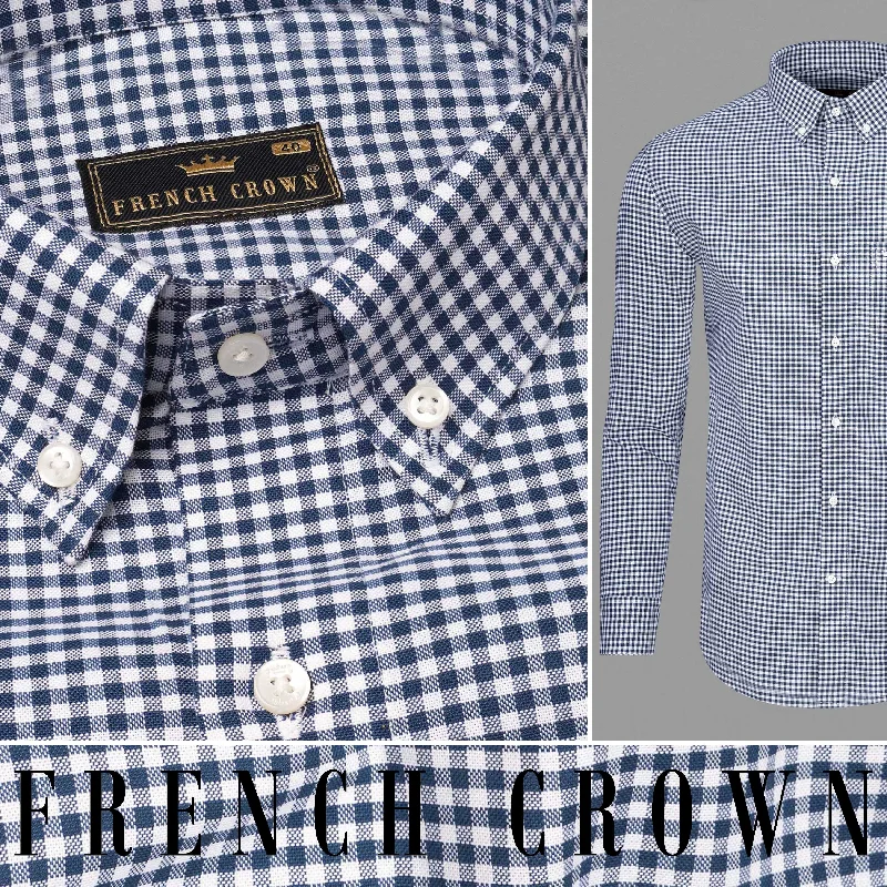 Downriver Blue and White Gingham Checkered Royal Oxford Shirt Trendy Men's Oversized