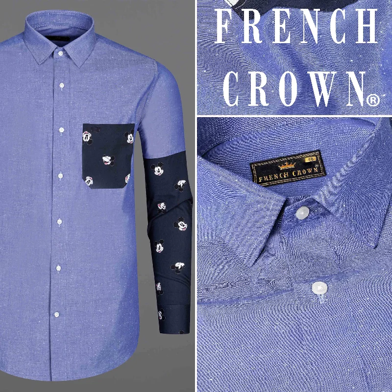 Dark Pastel Blue With Mickey Mouse Chambray Textured Premium Cotton Designer Shirt Sophisticated Men's 