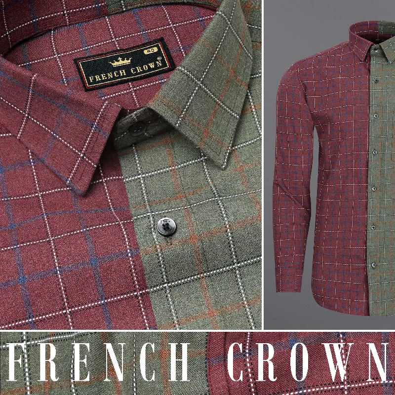 Copper Rust Red and Limed Ash Green Windowpane Dobby Textured Premium Giza Cotton Shirt Earthy Men's Sustainable 