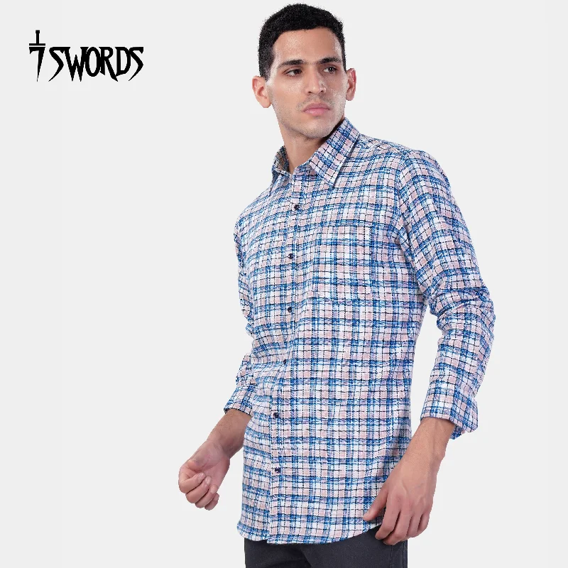 7swords-Danube Blue and Blossom Pink Checkered Premium Cotton Shirt Sleek Men's Metallic