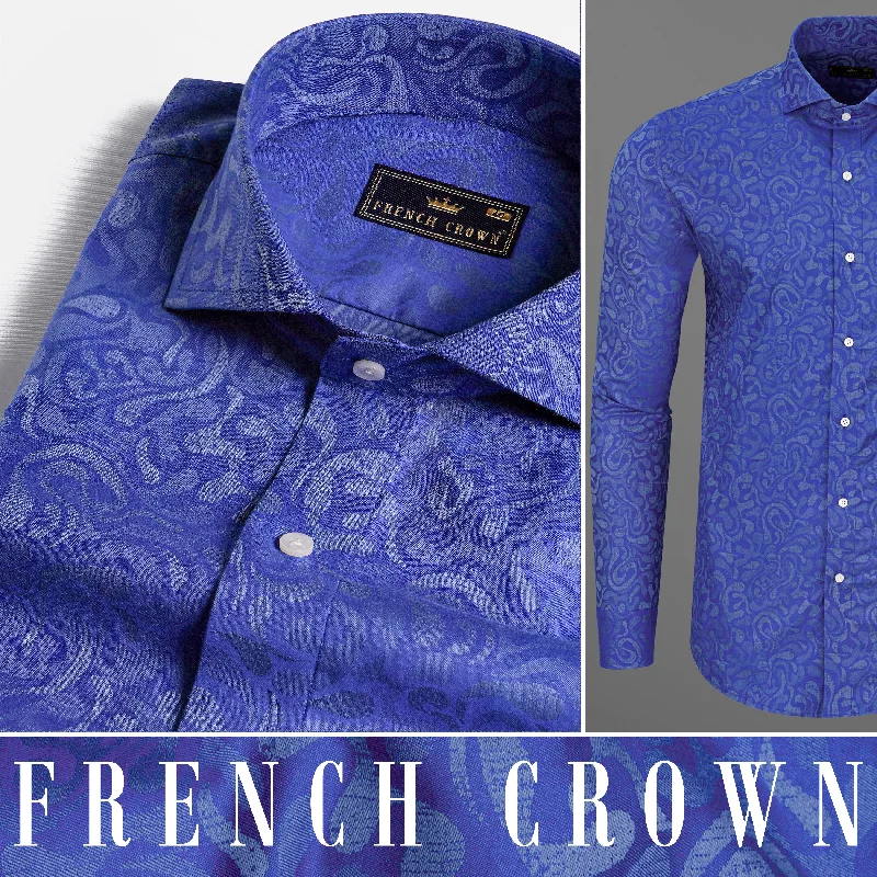 Sapphire Blue Jacquard Textured Premium Giza Cotton Shirt Elegant Men's Cashmere