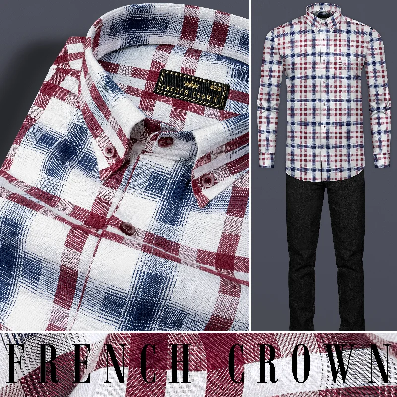 Bright White with Logan Gray and Scarlett Red Twill Plaid Premium Cotton Shirt Youthful Men's Pop