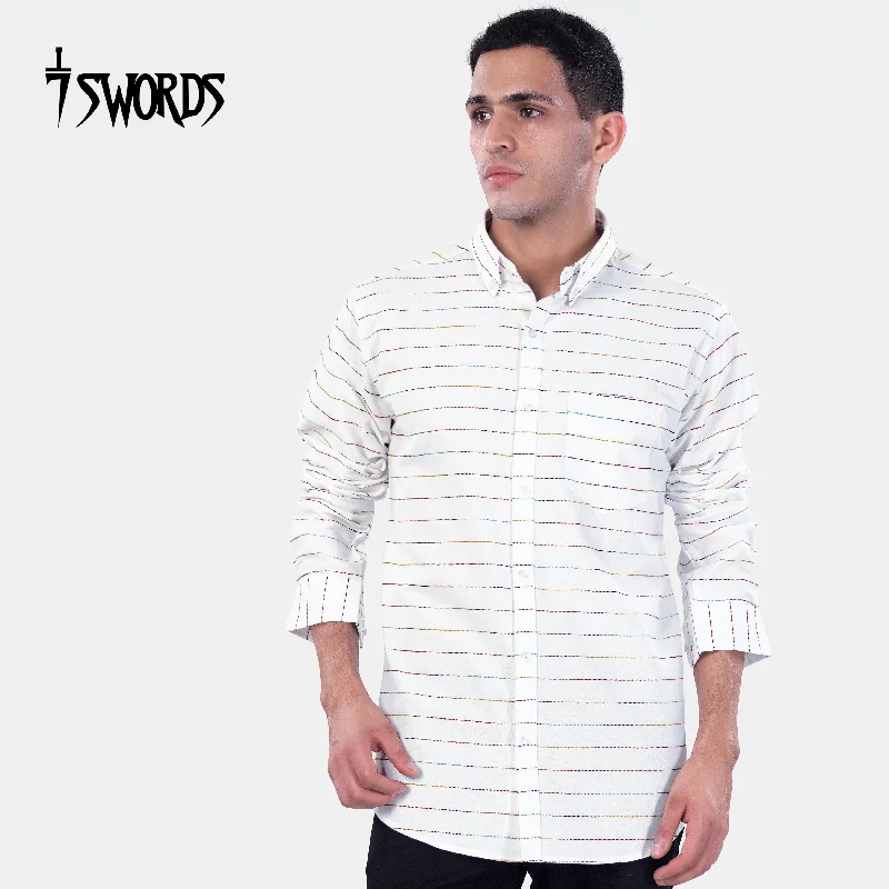 7swords-Bright White Multicolour Striped Premium Cotton Shirt Beach