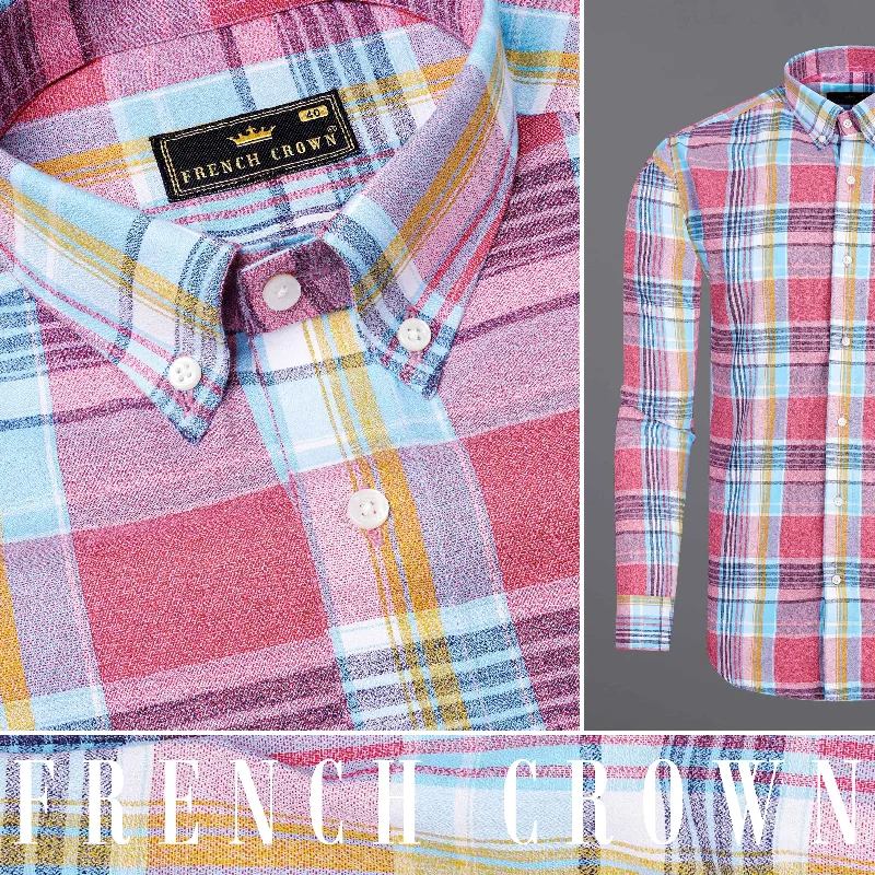 Charm Pink Plaid Dobby Textured Premium Giza Cotton Shirt Practical Men's Multi