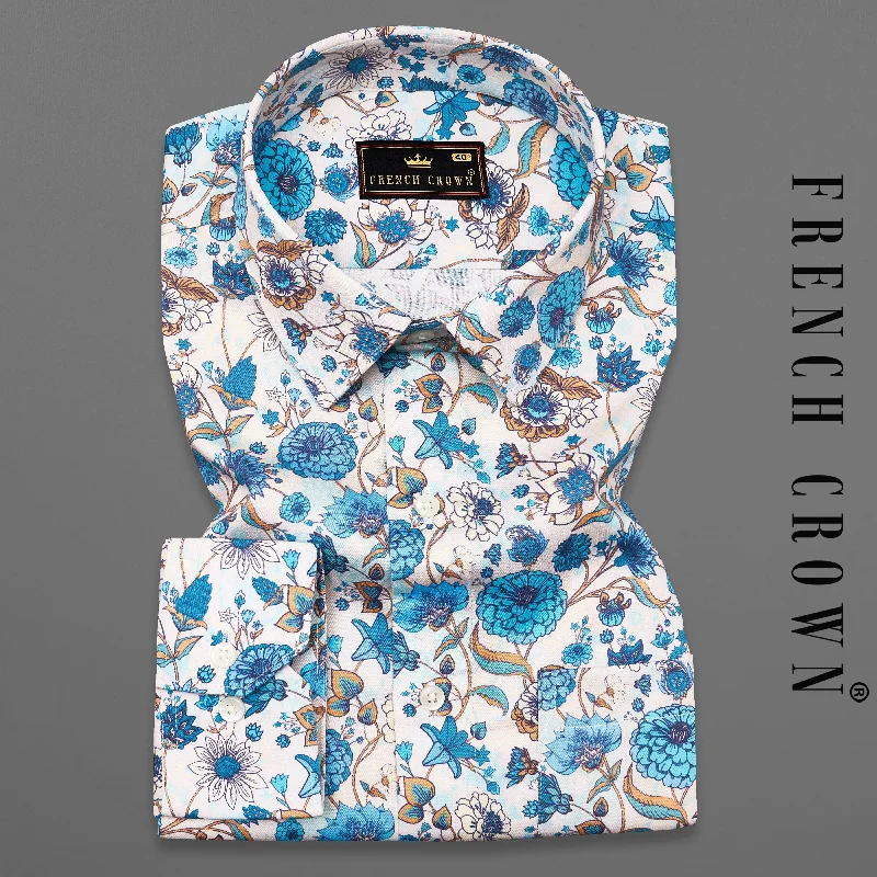 Off White with Bondi Blue Floral Printed Super Soft Premium Cotton Shirt Modern Men's Tech