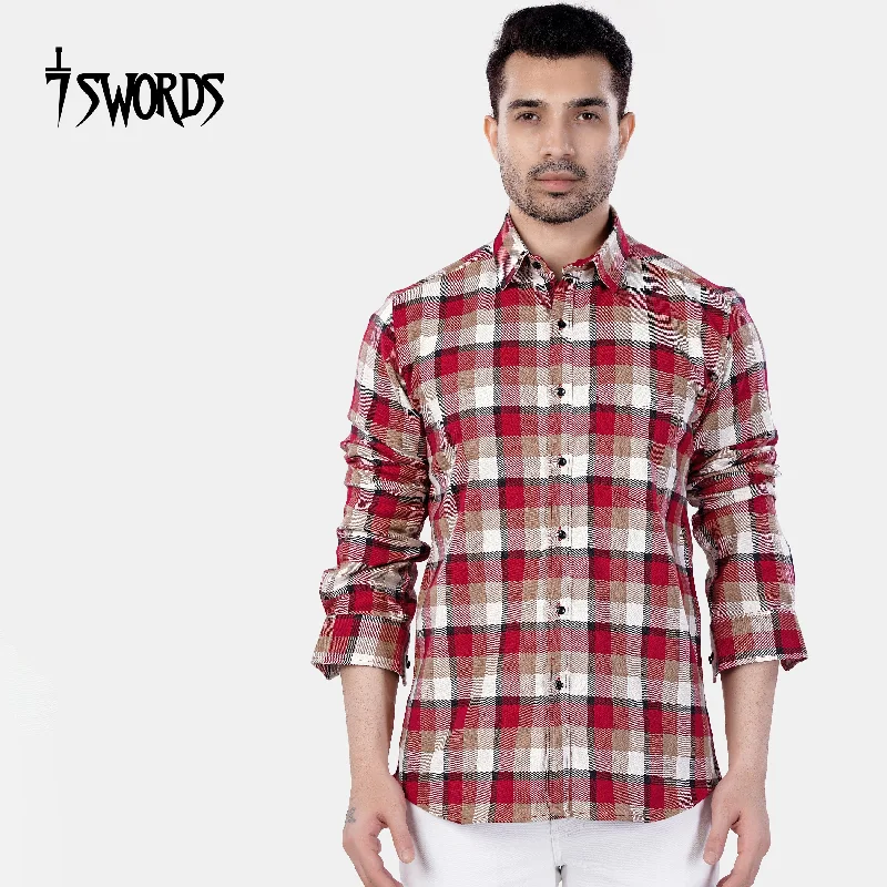 7swords-Carmine Red with Beaver Brown and White Plaid Premium Cotton Shirt Beach