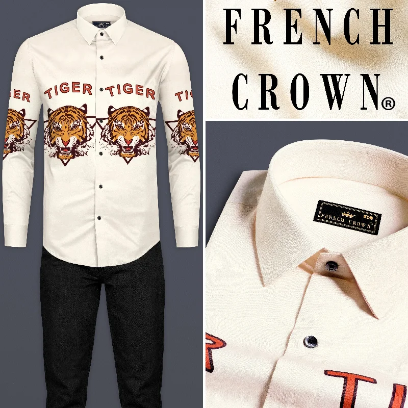 Bianca Cream with Cedar Brown and Tahiti Orange Tigers Printed Subtle Sheen Super Soft Premium Cotton Designer Shirt Sporty Men's Athleisure 