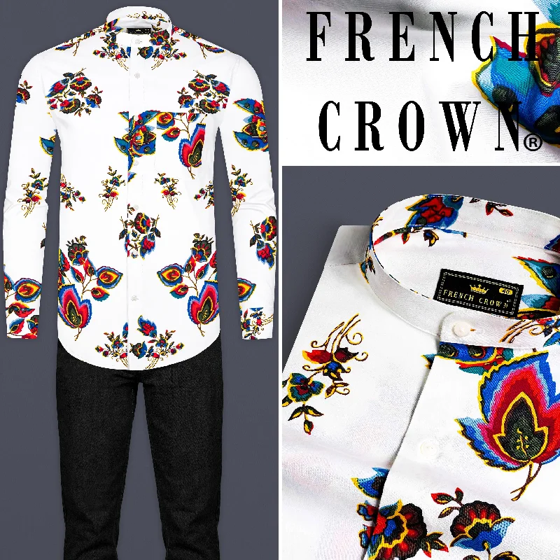 Bright White Multicolour Leaves Printed Premium Cotton Shirt Sophisticated Men's French