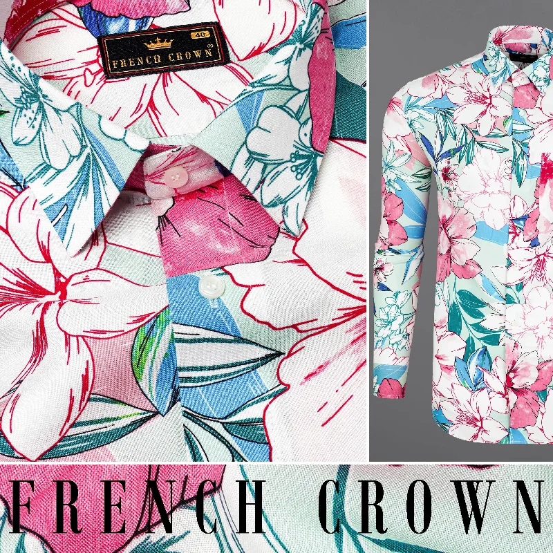 Cranberry Pink with Mint Tulip Green And Multicolored Floral Printed Premium Tencel Shirt Refined Men's European