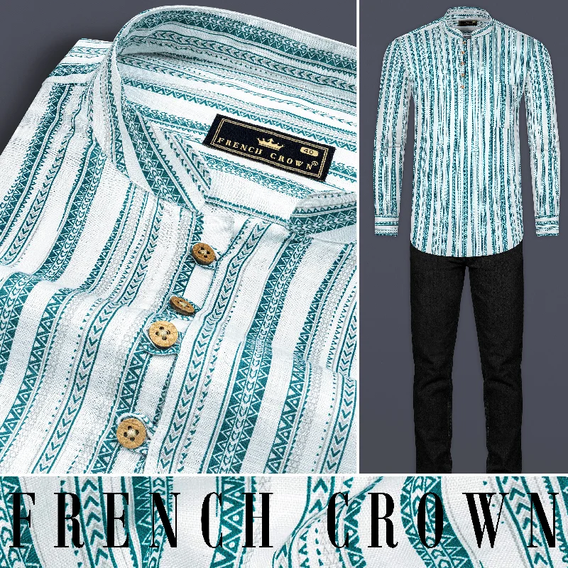 Bright White with green African art-inspired Stripes Luxurious Linen Kurta Shirt Edgy Men's Punk