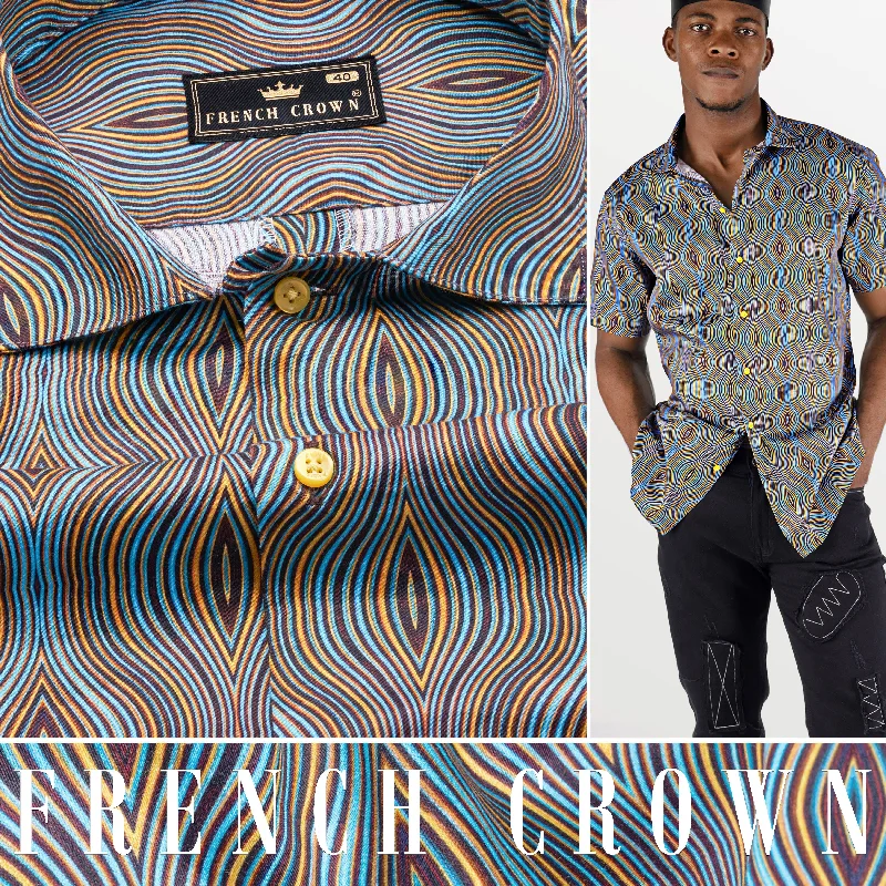 Turquoise Blue with Gorse Yellow and Cab Sav Maroon Waves Printed Super Soft Premium Cotton Shirt Lumberjack