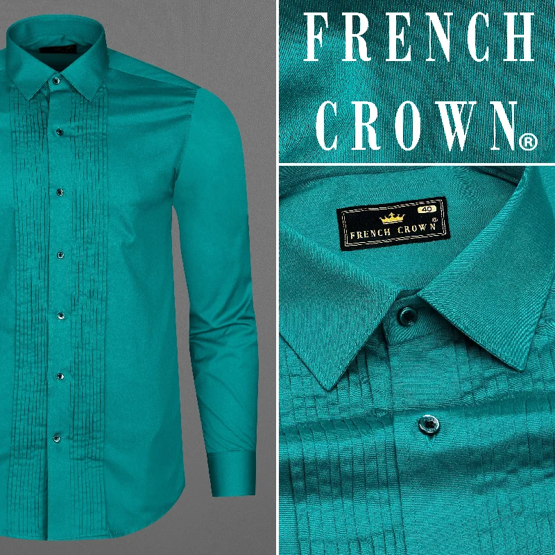 Teal Blue Subtle Sheen Snake Pleated Super Soft Premium Cotton Tuxedo Shirt Casual Men's Japanese 