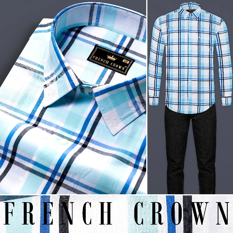 Bright White with Coral Aqua Blue and Black Plaid Premium Cotton Shirt Dynamic Men's Glow