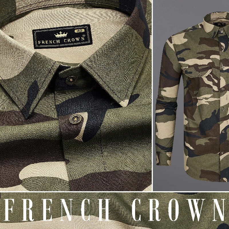 Finch Green with Wenge Brown Camouflage Printed Royal Oxford Designer Shirt Polished Men's Satin