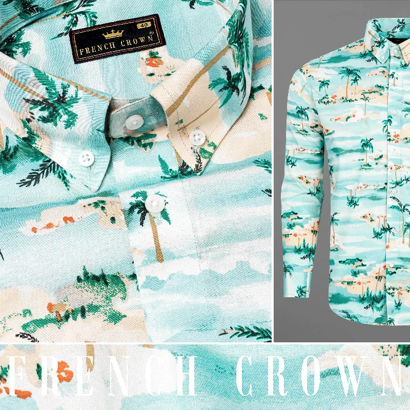 Aqua Island Sea Blue and Limed Spruce Green Tropical Printed Premium Cotton Shirt Luxurious Men's High