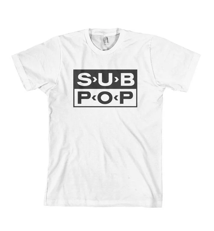 Sub Pop Logo White w/ Black Shirt Laid