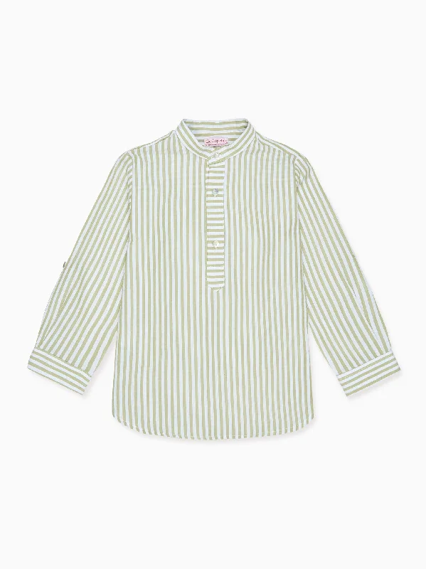 Green Stripe Jazmin Cotton Long Sleeve Boy Shirt Artistic Men's Hand