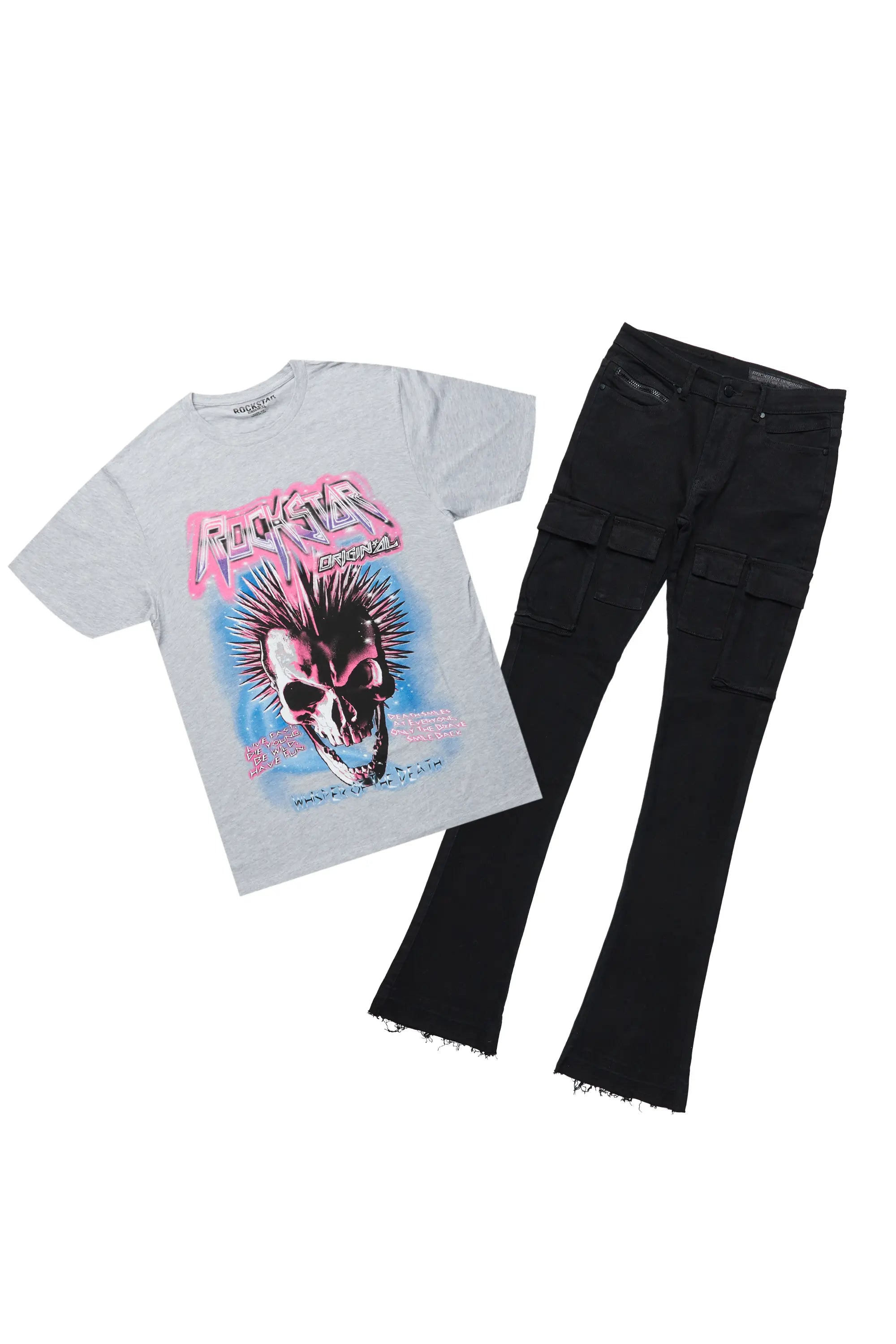 Obern Grey T-Shirt & Sarg Black Stacked Flare Jean Bundle Classic Men's Pin