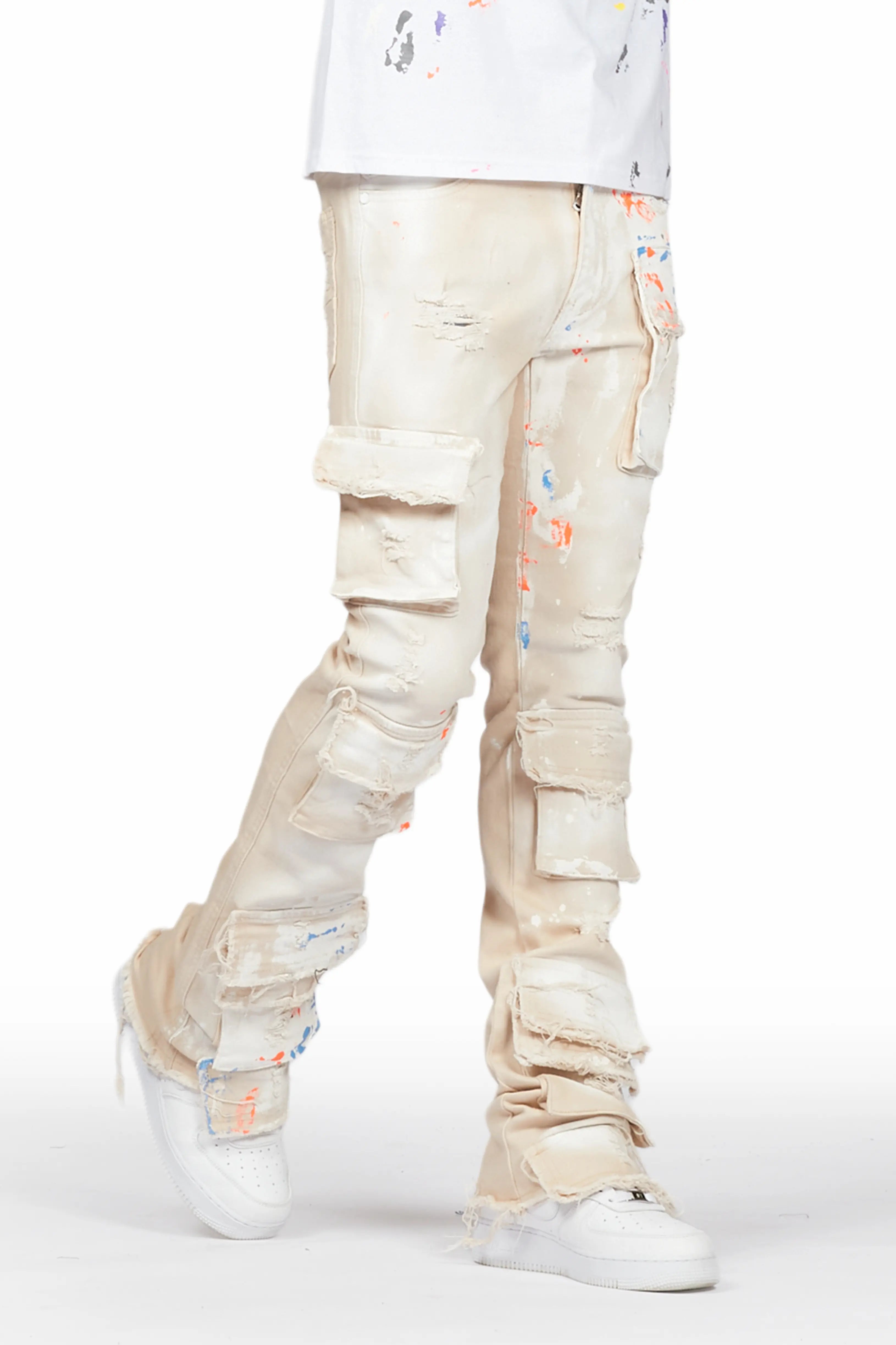 Parees Beige Painter Stacked Flare Jean Refined Men's European