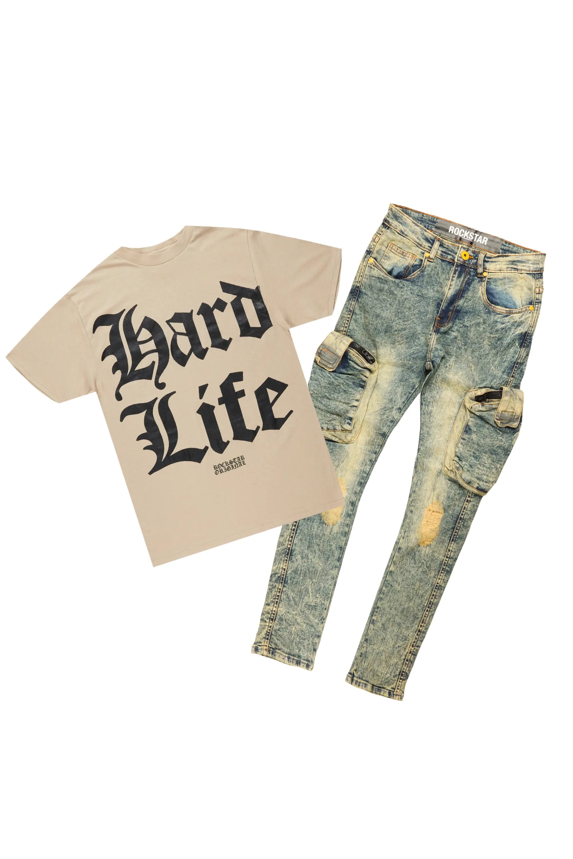 Hard Life Beige T-Shirt Slim Fit Cargo Jean Bundle Earthy Men's Sustainable 