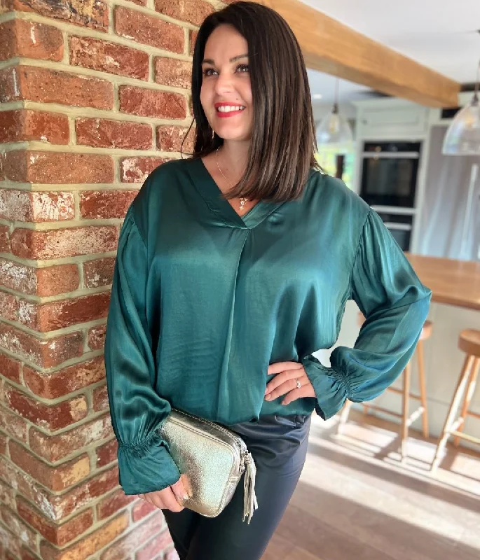 Green Satin Popover Top Street