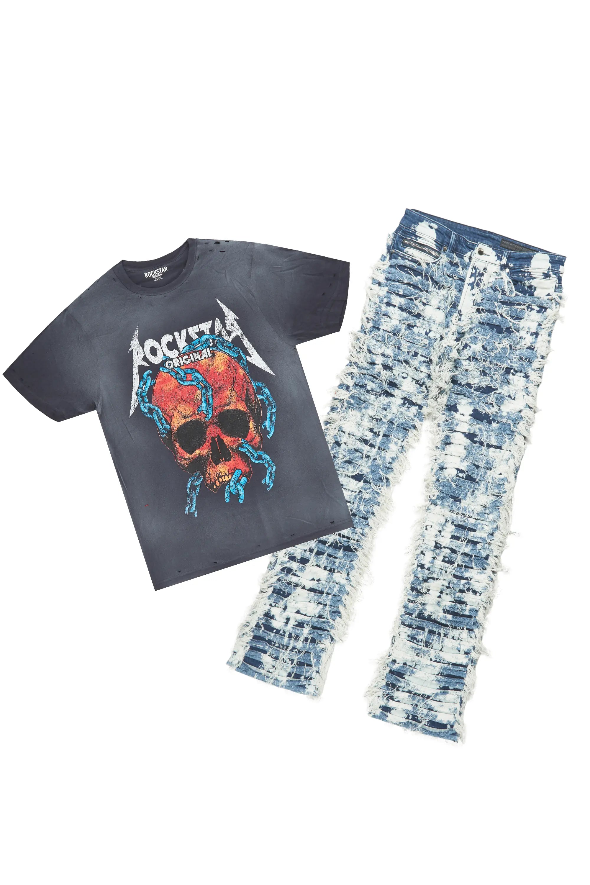 Clester Navy T-Shirt & Bossko Blue Stacked Flare Jean Bundle Tough Men's Military