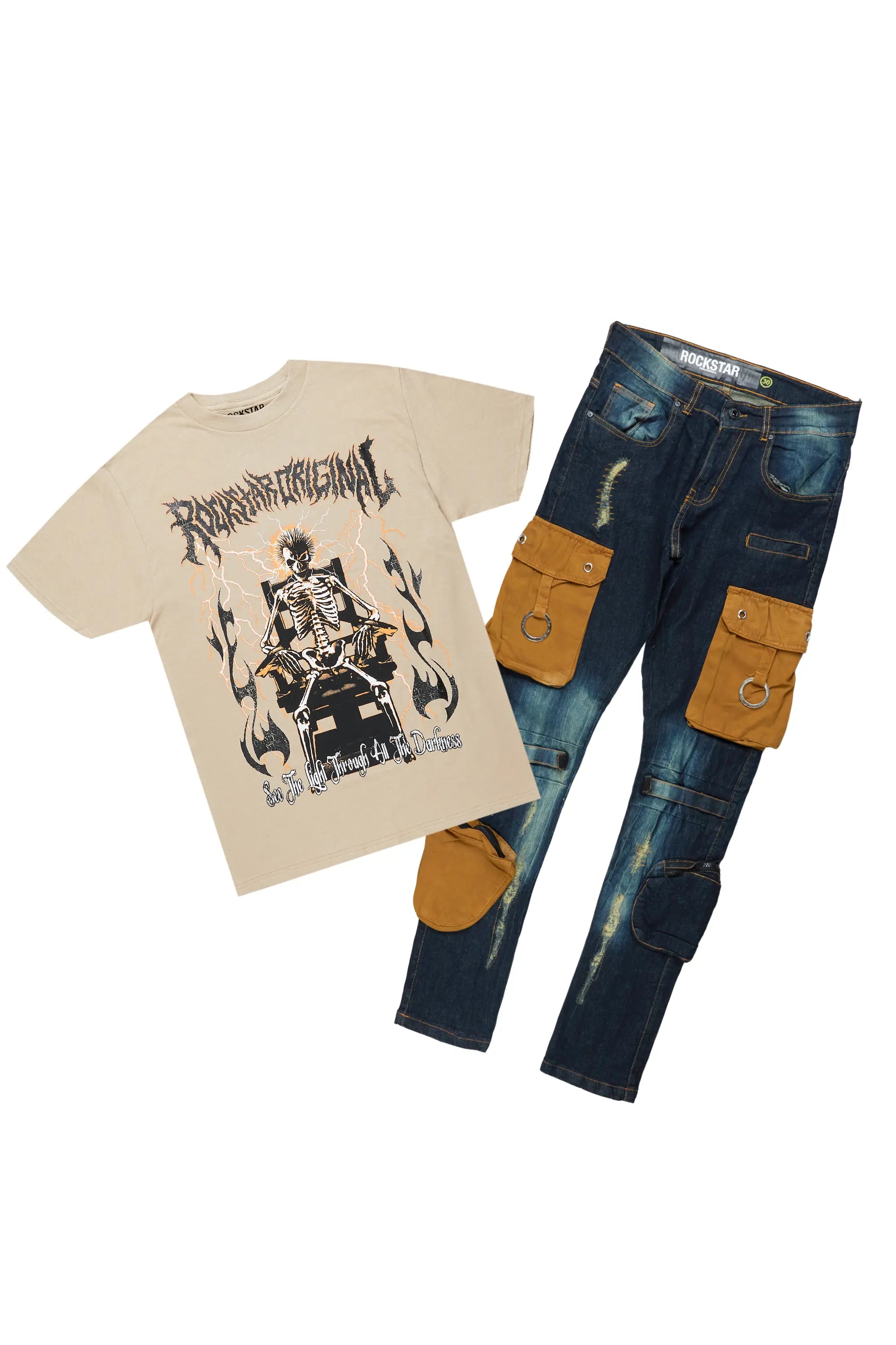 Deathrown Beige T-Shirt Slim Fit Cargo Jean Bundle Cozy Men's Winter