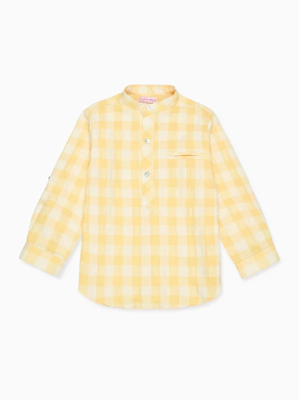 Yellow Gingham Mateo Linen Mix Long Sleeve Boy Shirt Traditional Men's Wool